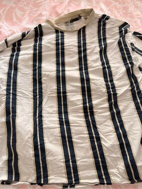 ASOS White Short Sleeve Tee with Navy and Tan Vertical Stripes- oversized